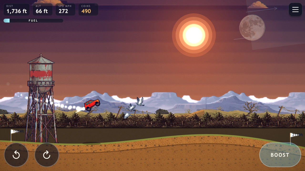 Gameplay: the car launching past the water tower at 272 mph, scattering a flock of birds under a desert sunset